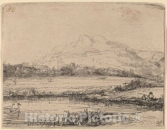 Art Print : Rembrandt, Canal with an Angler and Two Swans, 1650 - Vintage Wall Art