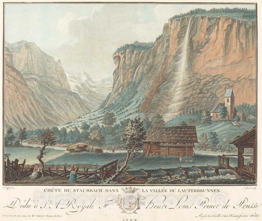 Art Print : Janinet After Caspar Wolf, Falls at Staubbach in The Lauterbrunnen Valley, 1776 - Vintage Wall Art
