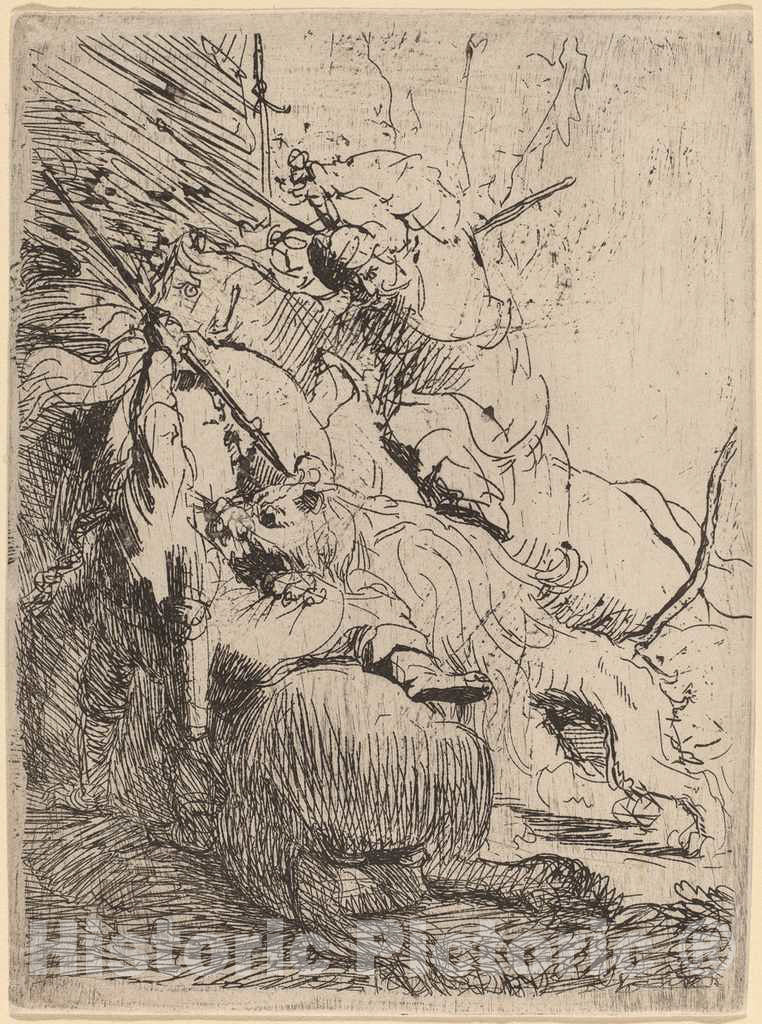 Art Print : Rembrandt, The Small Lion Hunt (with One Lion), c. 1629 - Vintage Wall Art