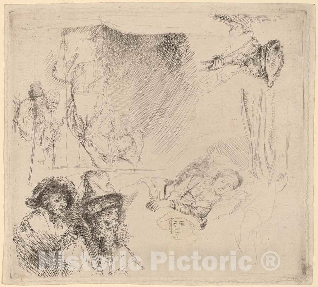 Art Print : Rembrandt, Sheet of Studies Including a Woman Lying Ill in Bed, c.1642 - Vintage Wall Art