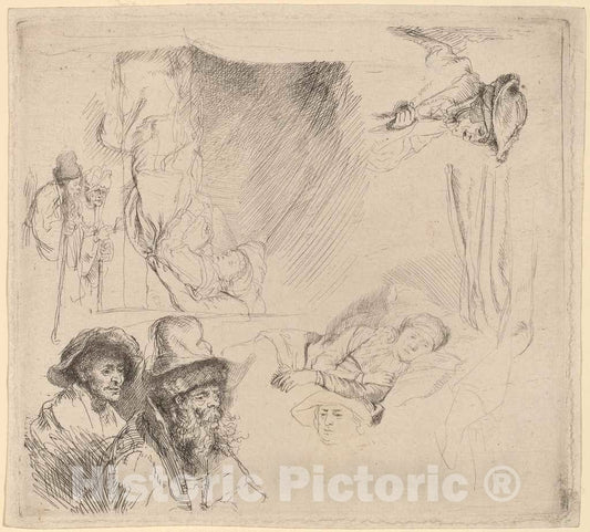 Art Print : Rembrandt, Sheet of Studies Including a Woman Lying Ill in Bed, c.1642 - Vintage Wall Art