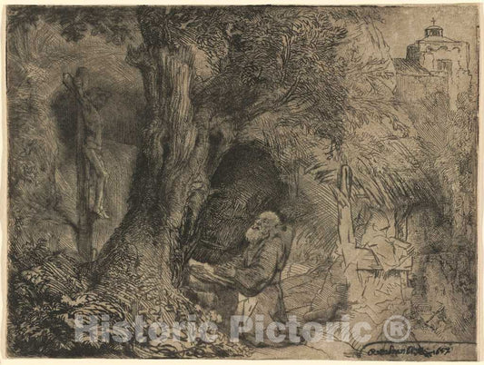 Art Print : Rembrandt, Saint Francis Beneath a Tree Praying, 1657 - Vintage Wall Art