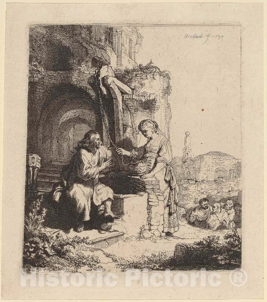 Art Print : Rembrandt, Christ and The Woman of Samaria Among Ruins, 1634 - Vintage Wall Art