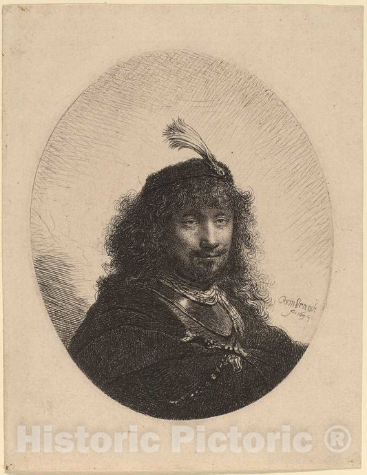 Art Print : Rembrandt, Self-Portrait (?) with Plumed Cap and Lowered Sabre, 1634 - Vintage Wall Art