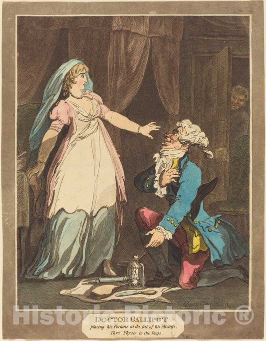 Art Print : Rowlandson, Doctor Gallipot Placing his Fortune at The feet of his Mistress, 1808 - Vintage Wall Art