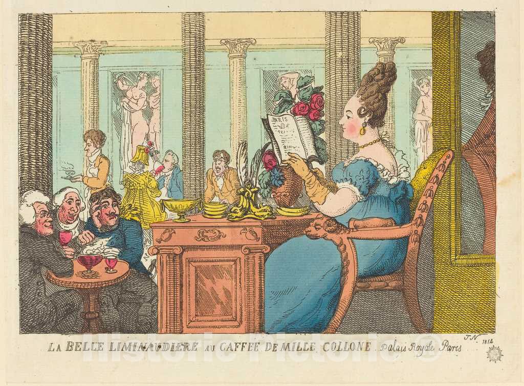 Art Print : Rowlandson, La Belle Limonaudiere au Cafe des Mille Colonnes, Palais Royal, Paris, 1814 - Vintage Wall Art