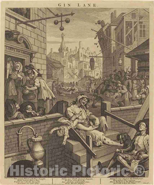Art Print : William Hogarth, Gin Lane, 1751 - Vintage Wall Art