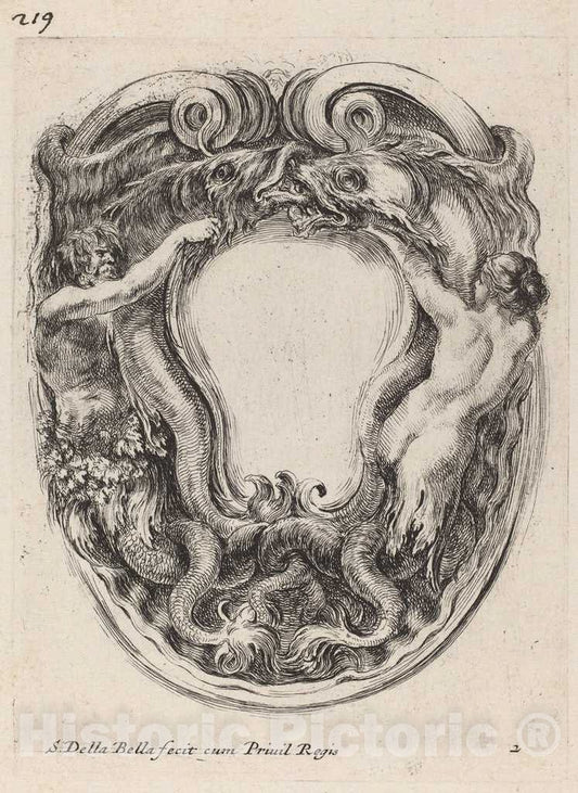 Art Print : Stefano Della Bella, Cartouche Supported by Triton and Siren, 1647 - Vintage Wall Art