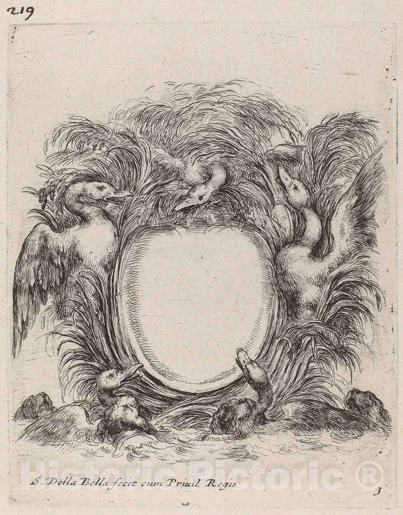 Art Print : Stefano Della Bella, Cartouche with Ducks and Dogs, 1647 - Vintage Wall Art