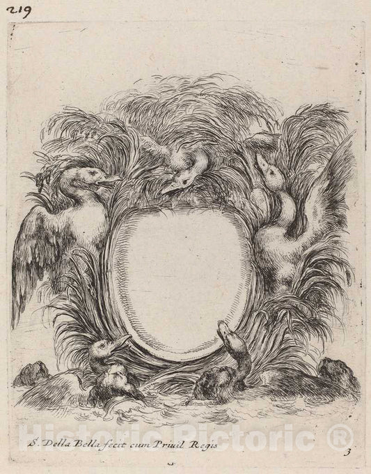 Art Print : Stefano Della Bella, Cartouche with Ducks and Dogs, 1647 - Vintage Wall Art