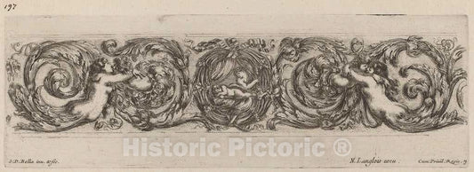 Art Print : Stefano Della Bella, Ornamental Frieze with Cupid and Psyche, 1648 - Vintage Wall Art