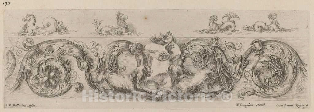 Art Print : Stefano Della Bella, Ornamental Frieze with Marine Creatures, 1648 - Vintage Wall Art