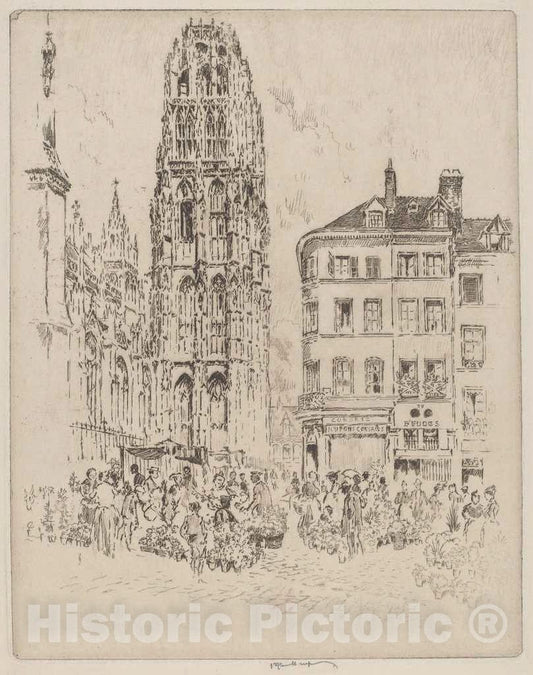 Art Print : Joseph Pennell, Flower Market and Butter Tower, Rouen, 1907 - Vintage Wall Art