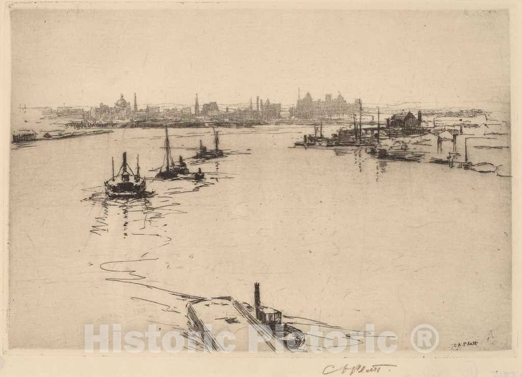 Art Print : Charles A. Platt, Williamsburg from The Bridge (Sketch), 1889 - Vintage Wall Art