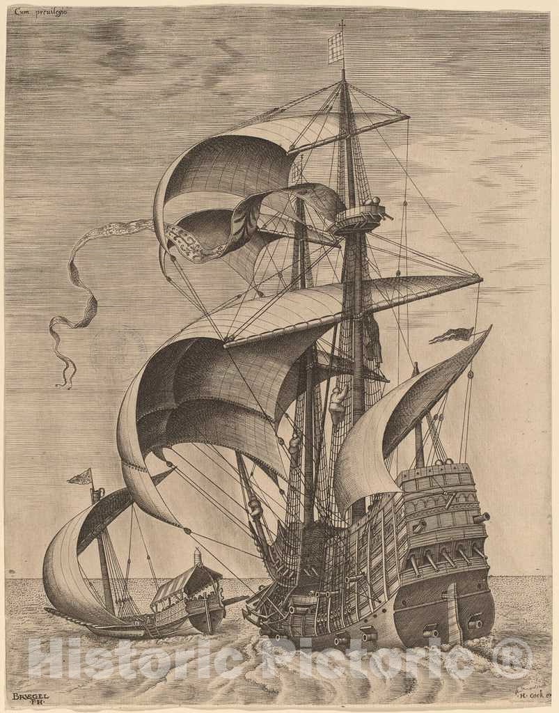 Art Print : Frans Huys After Bruegel The Elder, Armed Three-Master on The Open Sea, Accompanied by a Galley - Vintage Wall Art