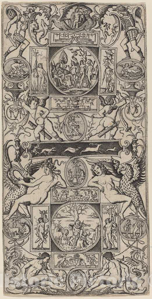 Art Print : Nicoletto da Modena, Ornament Panel with Orpheus and The Judgment of Paris, c. 1507 - Vintage Wall Art