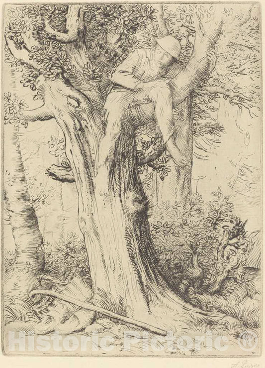 Art Print : Alphonse Legros, Landscape with a Boy in a Tree (Paysage avec un Garcon gimpe sur un arbre dite Le denicher d'oiseaux) - Vintage Wall Art