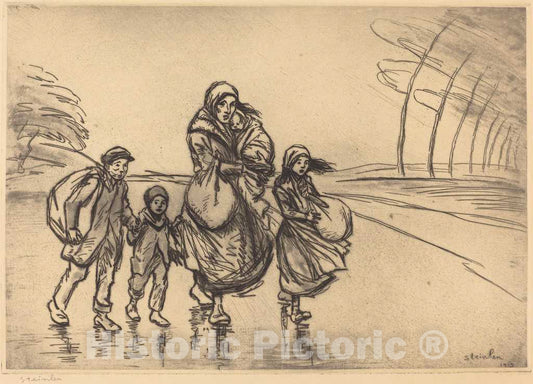 Art Print : ThÃ©ophile Alexandre Steinlen, in The Rain: Mother and Children (Sous la pluie: La Mere et les Enfants), 1915 - Vintage Wall Art