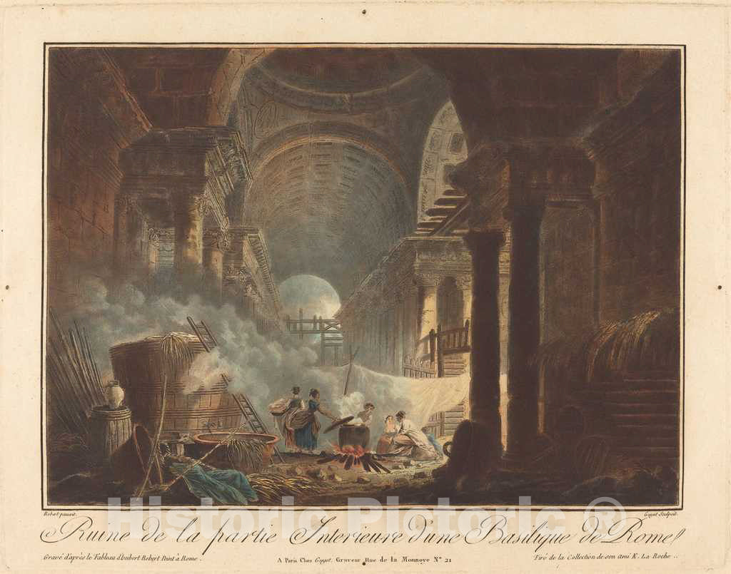 Art Print : Guyot After Hubert Robert, Ruine de la Partie interieure d'une basilique de Rome - Vintage Wall Art