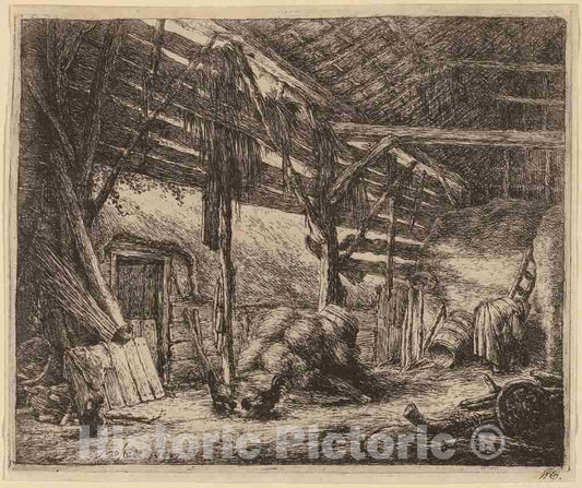Art Print : Adriaen Van Ostade, Interior of a Barn, 1647 - Vintage Wall Art