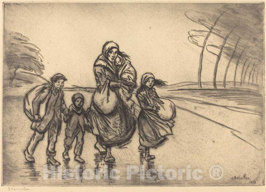 Art Print : ThÃ©ophile Alexandre Steinlen, in The Rain: Mother and Children (Sous la pluie: La Mere et les Enfants), 1915 - Vintage Wall Art