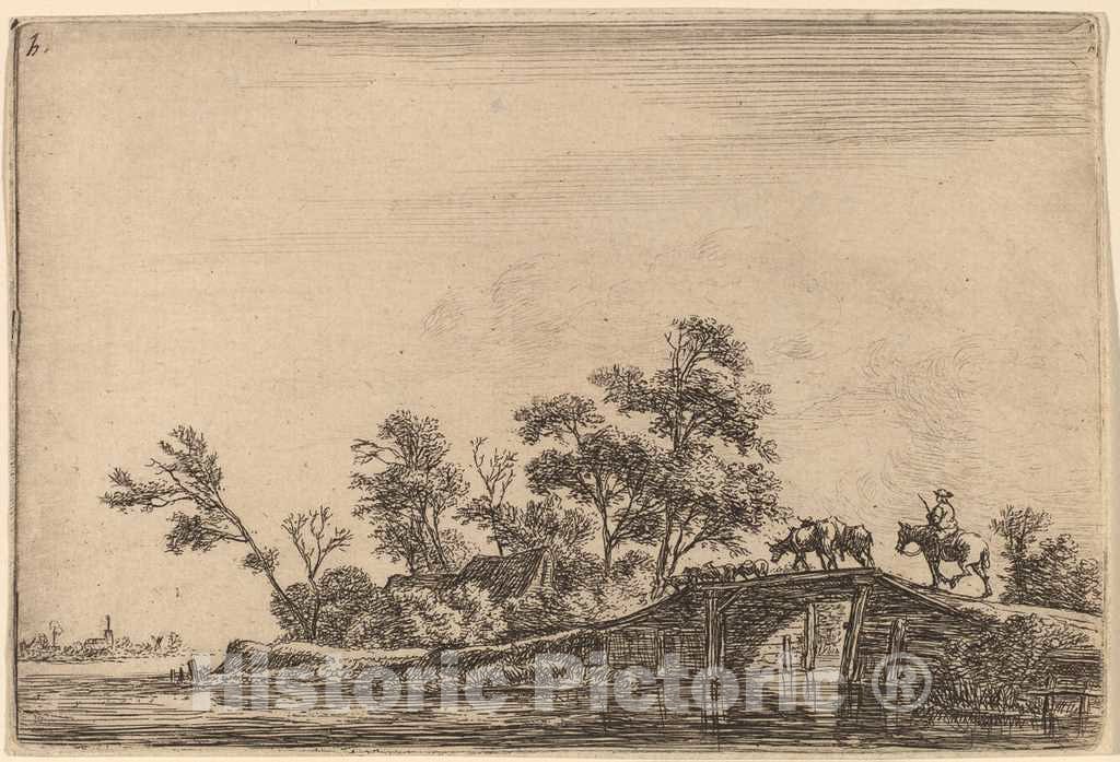 Art Print : Anthonie Waterloo, Rider and Flock on a Bridge - Vintage Wall Art