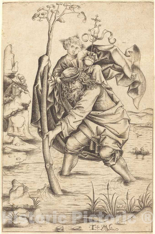 Art Print : Meckenem After Master of The Housebook, Saint Christopher, c.1485 - Vintage Wall Art
