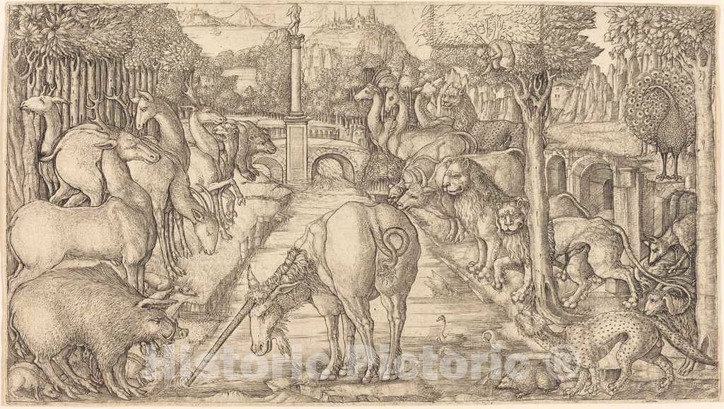 Art Print : Jean Duvet, The Unicorn Purifies The Water with Its Horn, c.1558 - Vintage Wall Art