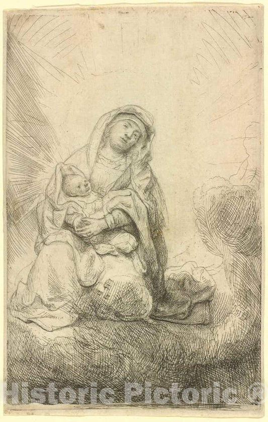 Art Print : Rembrandt, Virgin and Child in The Clouds, 1641 - Vintage Wall Art