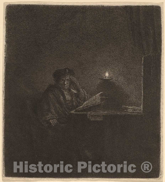 Art Print : Rembrandt, Student at a Table by Candlelight, c. 1642 - Vintage Wall Art