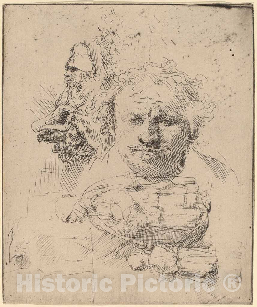 Art Print : Rembrandt, Sheet of Studies with The Head of The Artist, a Beggar Man, and Woman and Child, 1651 - Vintage Wall Art