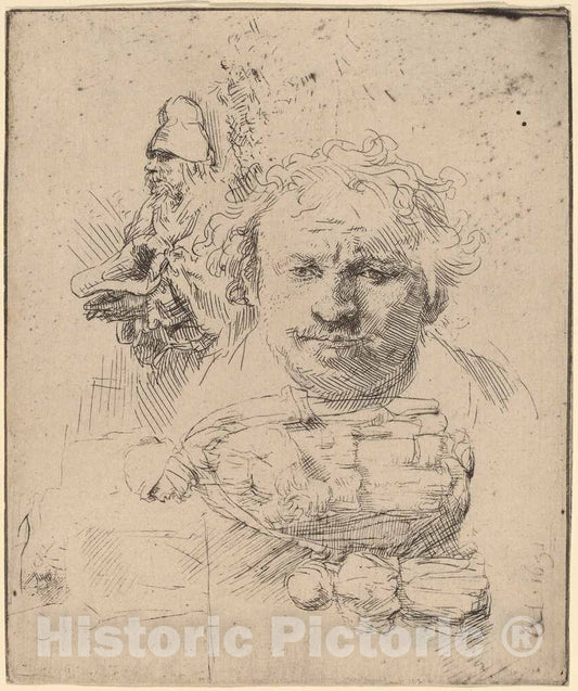 Art Print : Rembrandt, Sheet of Studies with The Head of The Artist, a Beggar Man, and Woman and Child, 1651 - Vintage Wall Art