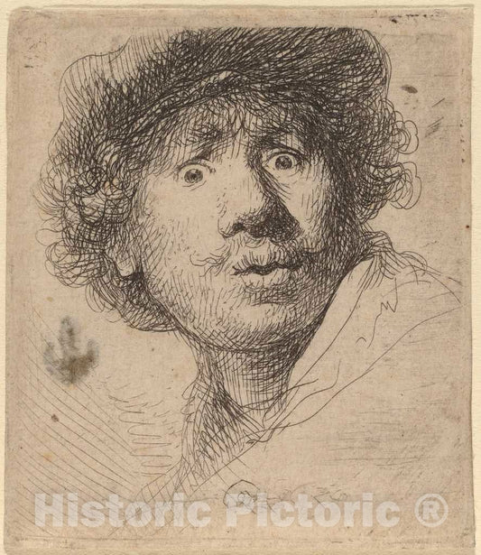 Art Print : Rembrandt, Self-Portrait in a Cap, Open-Mouthed, 1630 - Vintage Wall Art
