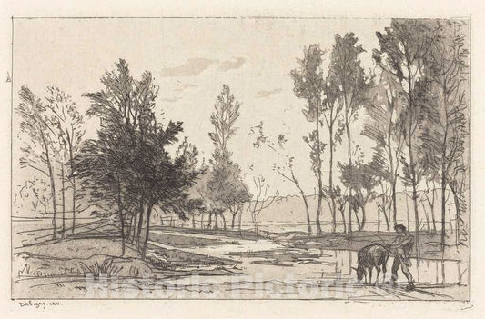 Art Print : Charles-FranÃ§ois Daubigny, Donkey at a Watering Place (L'Ane a l'abreuvoir), 1850 - Vintage Wall Art