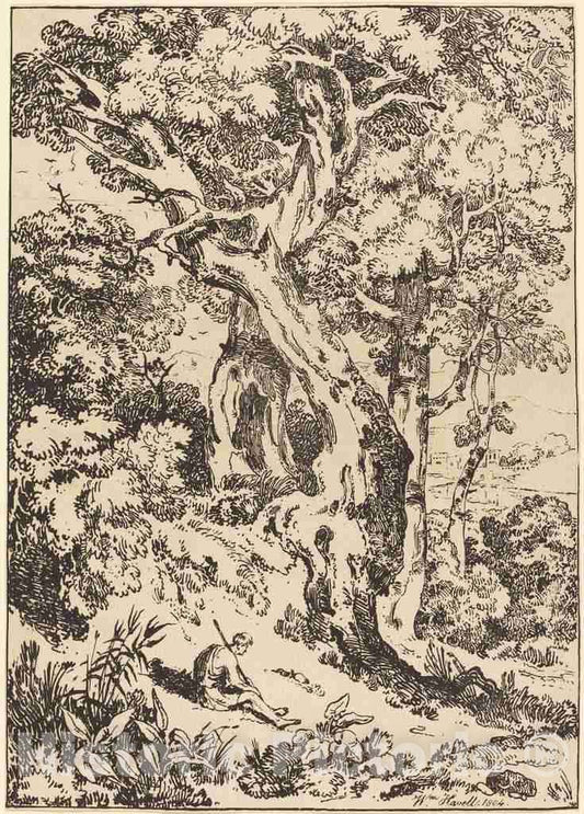 Art Print : William Havell, Study of Trees and Shrubs with Seated Figure, 1804 - Vintage Wall Art