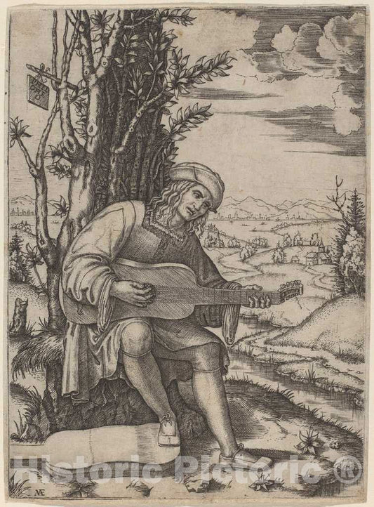 Art Print : Marcantonio Raimondi, The Guitar Player - Vintage Wall Art
