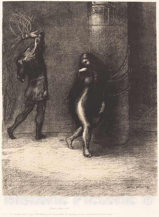 Art Print : Odilon Redon, Saint Anthony: Beneathe her Long Hair, which Covered her face, I Thought I recognized Ammonaria, 1889 - Vintage Wall Art
