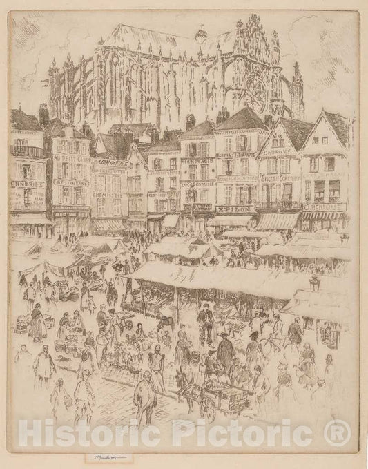 Art Print : Joseph Pennell, La Place, Beauvais, 1907 - Vintage Wall Art