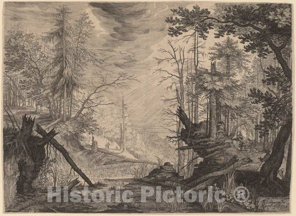 Art Print : Sadeler II After Savery, Three Hunters and Two Dogs Near a Pool, 1609 - Vintage Wall Art
