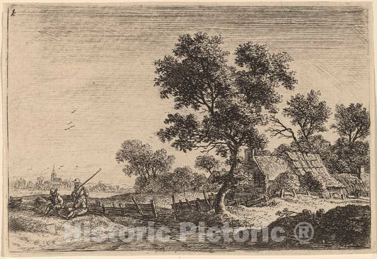 Art Print : Anthonie Waterloo, Three Peasants on a Knoll Outside a Hamlet - Vintage Wall Art
