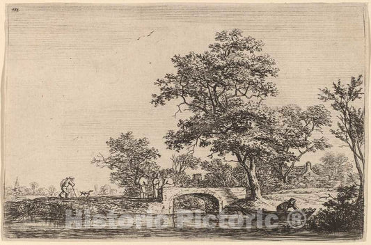 Art Print : Anthonie Waterloo, Four Men on a Stone Bridge - Vintage Wall Art