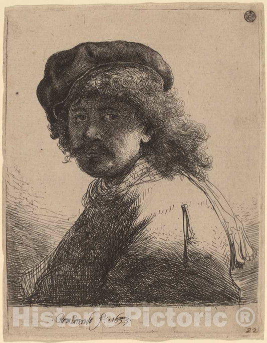Art Print : Rembrandt, Self-Portrait in a Cap and Scarf with The Face Dark, 1633 - Vintage Wall Art