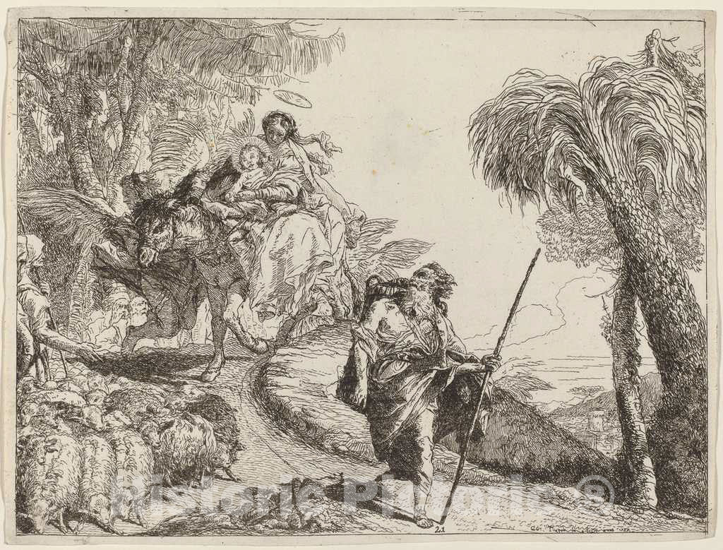 Art Print : Giovanni Domenico Tiepolo, The Flight with Joseph in The Foreground, 1753 - Vintage Wall Art