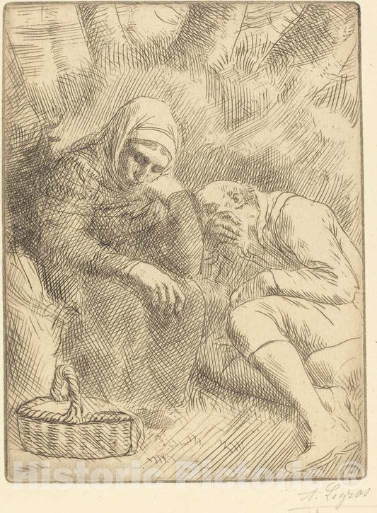 Art Print : Alphonse Legros, Man and Wife Seated by The Road with a Basket(Homme et Femme Assis au Bord de la rou te aven un Panier) - Vintage Wall Art