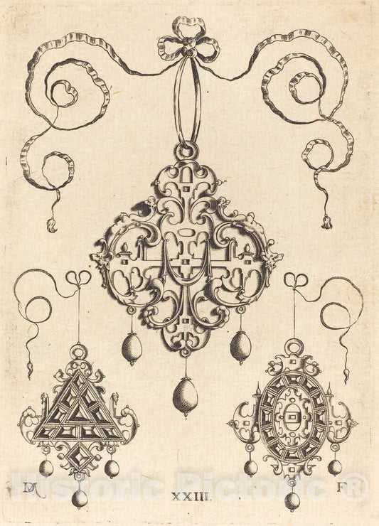 Art Print : Daniel Mignot, Three Strapwork Pendants, The Lower Ones Triangular and Oval - Vintage Wall Art