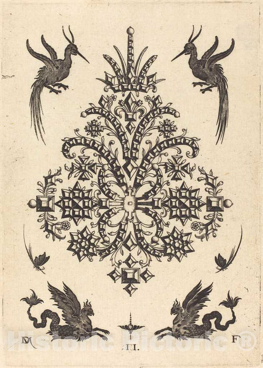 Art Print : Daniel Mignot, Brooch with Tablestones and Winged Griffins Above and at Bottom, 1596 - Vintage Wall Art