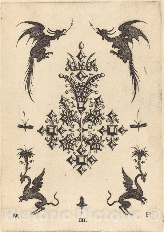 Art Print : Daniel Mignot, Brooch with Table-Stones, Winged Dragons at Top, and Griffins at Bottom, 1596 - Vintage Wall Art