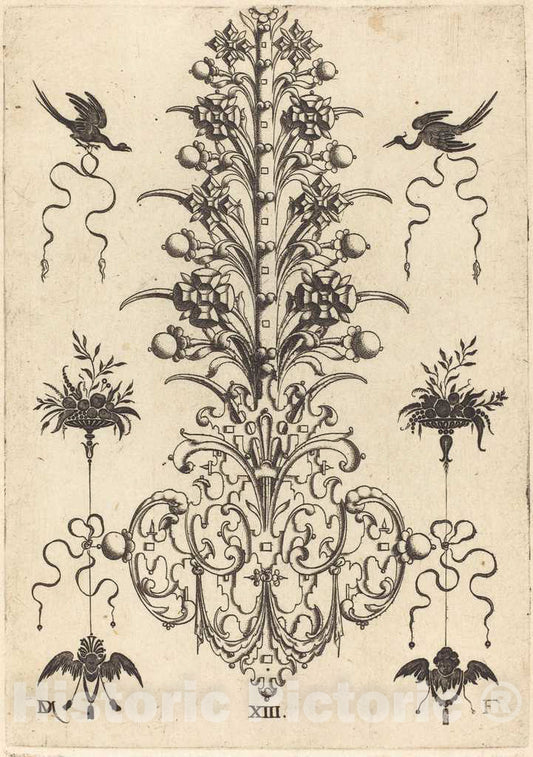 Art Print : Daniel Mignot, Hyacinth-Shaped Brooch with Birds at Top and Devil's- and Angel's-Head at Bottom, 1596 - Vintage Wall Art