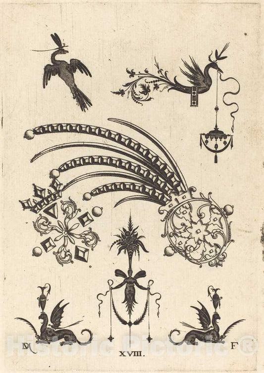 Art Print : Daniel Mignot, Two Brooches with Bird and Winged Snake at Top and Griffins with Vases at Bottom, 1596 - Vintage Wall Art