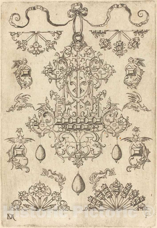 Art Print : Daniel Mignot, Large Pendant Surrounded by Ten Different Studs - Vintage Wall Art